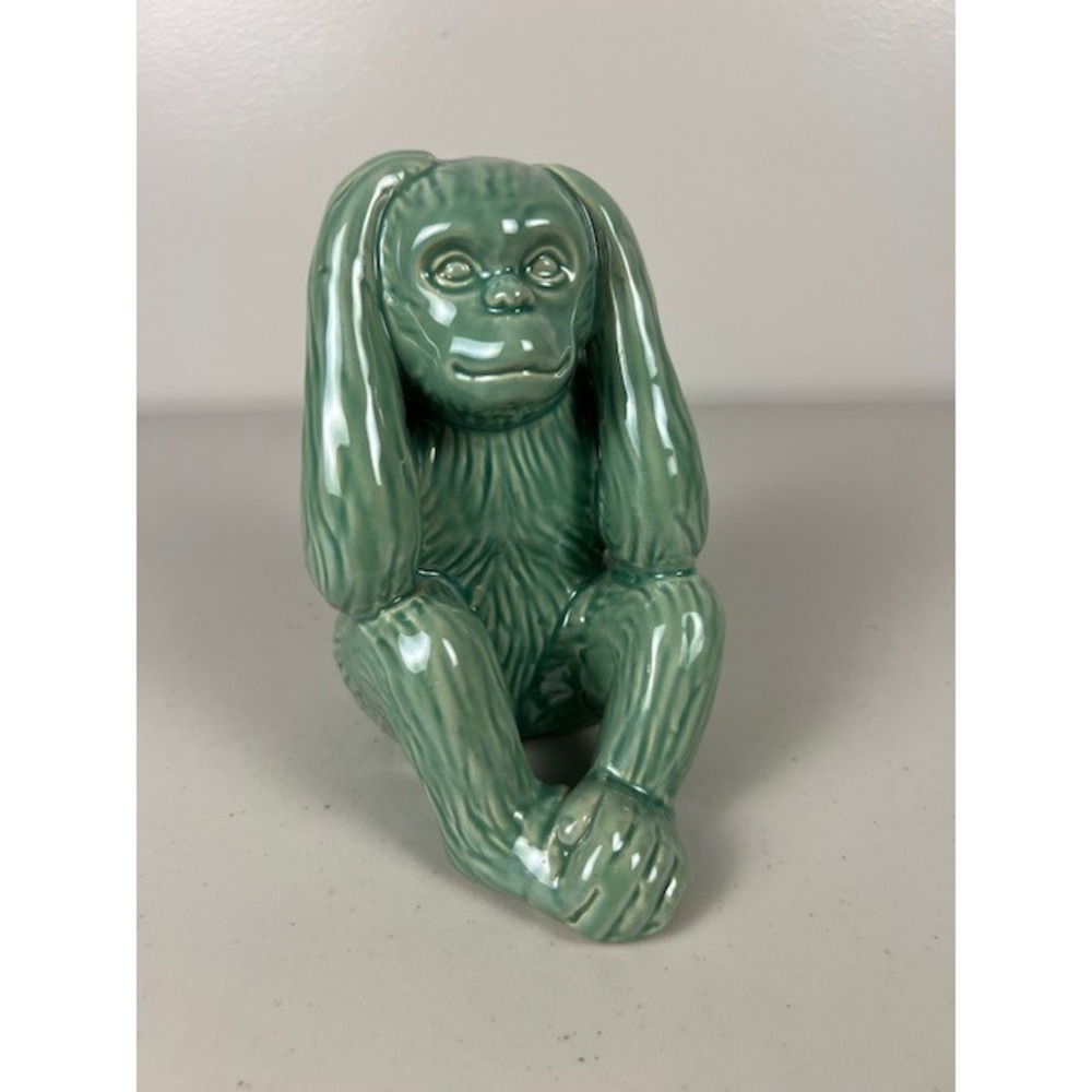 Celadon Green Ceramic Hear No Evil‎ Monkey Figurine Glossy Glaze Statue Shelf